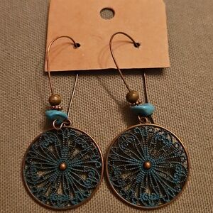 Teal and Bronze Earrings, Beautiful Wheel Shape, New, Never Worn